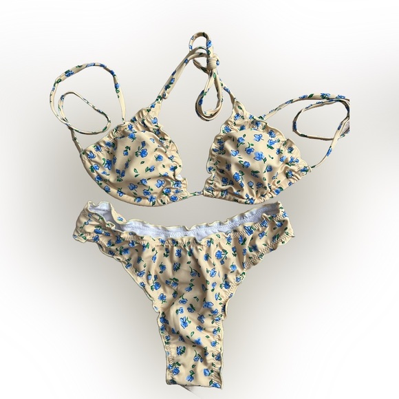 Yellow Floral Halter Thong Bikini Set - Picture 4 of 9